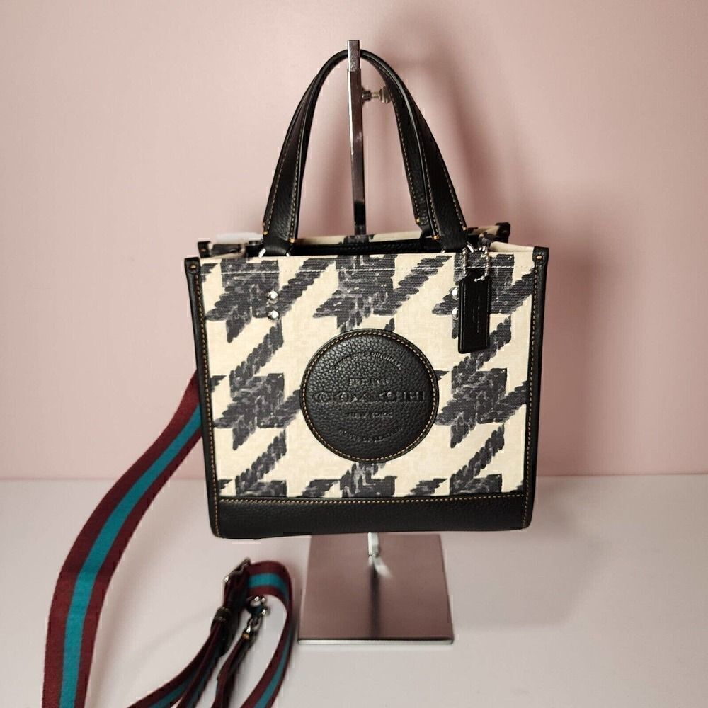 COACH CJ623 Dempsey Tote 22 Canvas & Leather Houndstooth Print Patch Cream
